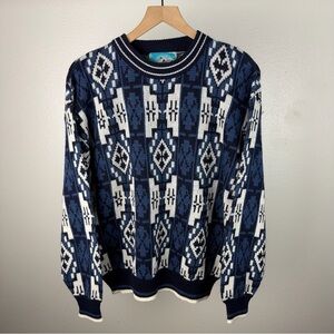 Vintage Botany 500 Mens Crew Neck Sweater Blue White Geometric Crew Neck Medium